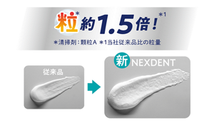 粒＊約1.5倍＊1！＊清掃剤：顆粒A。＊1当社従来品比の粒量。従来品のハミガキペーストの画像と新NEXDENTのハミガキペーストの画像を並べて、粒量を見た目で比較。
