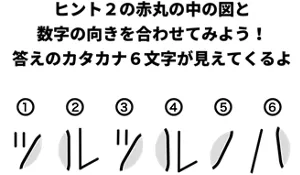 ヒント2の赤丸の中の図と数字の向きを合わせてみよう！ 答えのカタカナ6文字が見えてくるよ