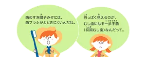 歯のすき間やみぞには、歯ブラシがとどきにくいんだね。／白っぽく見えるのが、むし歯になる一歩手前（初期むし歯）なんだって。