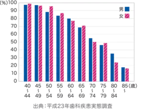 20本以上の歯がある人の割合を示したグラフ：20本以上歯がある人は40歳から徐々に減り始め85歳では20％を割ってしまいます。（出典：平成23年歯科疾患実態調査）