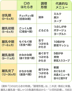0～5ヶ月は、舌飲み期です。液体状のミルクや、果汁、スープなどがおすすめです。／離乳初期の5～6ヶ月は、ごっくん期。どろどろとした、つぶしがゆや、ポタージュ、ヨーグルトなどがおすすめです。／離乳中期の7～8ヶ月は、もぐもぐ期。舌でつぶせるかたさの、10倍がゆや、野菜のマッシュを。／離乳後期の9～11か月は、かみかみ期。歯ぐきでつぶせるかたさの、5倍がゆや、煮物、野菜入りスープを。／離乳完了の1～3歳は、かちかち期。歯でかみつぶせるかたさの、軟飯や、おとなとの共通メニューを徐々に増やすのがよいでしょう。（資料「口のはたらきの特徴」「調理形態」は、二木武：育成と栄養、離乳と離乳食−咀しゃくの発達的視点から−「小児科診療」、1983）