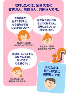 取材したのは、読者代表の渡辺さん、高橋さん、河田さんです。「下の前歯が生えてきました。もう歯みがきをしたほうがいい？（渡辺さん(30歳)8ヵ月の女の子のママ。）」「なかなか歯みがきさせてくれません。どうしたらいいか困っています。（高橋さん(28歳)2歳の男の子のママ。）」「最近は、1人で上手にみがけるようになってきて、ひと安心です。（河田さん(34歳)4歳の女の子のママ。）」答えたのは、花王研究員の高柳篤史です。