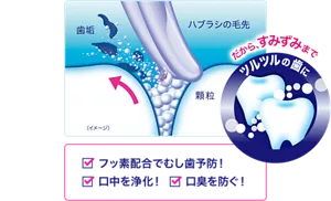 フッ素配合でむし歯予防！ 口中を浄化！ 口臭を防ぐ！