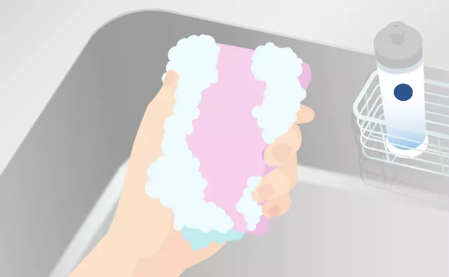 キュキュットをつけて、スポンジを泡立てているイラスト。