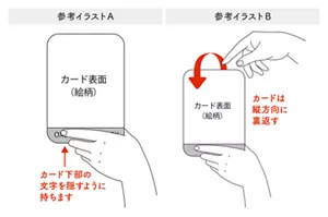 参考イラストA：カード下部の文字を隠すように持ちます／参考イラストB：カードは縦方向に裏返す