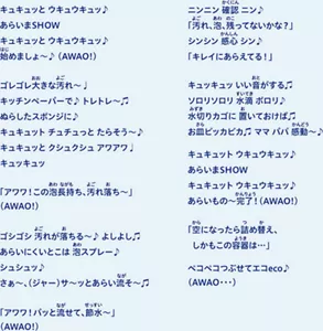 キュキュッと ウキュウキュッ♪ 洗いまSHOW キュキュッと ウキュウキュッ♪ 始めましょ～♪ （AWAO!） ゴレゴレ大きな汚れ～♩ キッチンペーパーで♪ トレトレ～♫ ぬらしたスポンジに♪ キュキュット チュチュっと たらそう～♪ キュキュッと クシュクシュ アワアワ♫ キュッキュッ 「アワワ！この泡長持ち、汚れ落ち～」 （AWAO!） ゴシゴシ 汚れが落ちる～♪ 良し良し♫ 洗いにくいとこは 泡スプレー♪ シュシュッ♪ さぁ～、（ジャー）サ～ッと洗い流そ～♫ 「アワワ！パッと流せて、節水～」 （AWAO!） ニンニン 確認 ニン♪ 「汚れ、泡、残ってないかな？」 シンシン 感心 シン♪ 「キレイに洗えてる！」 キュッキュッ いい音がする♫ ソロリソロリ 水滴 ポロリ♪ 水切りカゴに 置いておけば♫ お皿ピカピカ♫ ママ パパ 感動～♪ キュキュット ウキュウキュッ♪ 洗いまSHOW キュキュット ウキュウキュッ♪ 洗いもの～完了！（AWAO!） 「空になったら詰め替え、 しかもこの容器は…」 ペコペコつぶせてエコeco♪ （AWAO・・・）