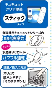 キュキュット クリア除菌 スティックタイプ。食洗機用キュキュットシリーズ内最高の洗浄力。さらに！水滴残りゼロへ！(＊) パワフル速乾。計量/投入の方法：スリムで投入しやすい「そのままポン！」