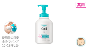 薬用 泡ボディウォッシュ480mlのポンプタイプと380mlのつめかえの2サイズ展開です。使用量の目安は全身で10～12押し分です。