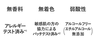 無香料・無着色・弱酸性・アレルギーテスト済み*1・敏感肌の方の協力によるパッチテスト済み*2・アルコールフリー（エチルアルコール無添加）