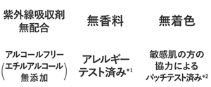 無香料・無着色・アルコールフリー（エチルアルコール無添加）・弱酸性・アレルギーテスト済み*1・敏感肌の方の協力によるパッチテスト済み*2