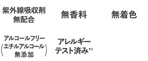弱酸性　無香料　無着色　アルコールフリー (エチルアルコール無添加)　アレルギー テスト済み*1