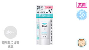 薬用 UVエッセンス SPF30PA＋＋。使用量の目安は適量です。