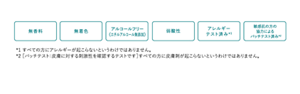 無香料 無着色 アルコールフリー （エチルアルコール無添加） 弱酸性 アレルギー テスト済み＊1 敏感肌の方の 協力による パッチテスト済み＊2 *1 すべての方にアレルギーが起こらないというわけではありません。 *2 ［パッチテスト：皮膚に対する刺激性を確認するテストです］すべての方に皮膚刺激が起こらないというわけではありません。