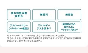 紫外線吸収剤 無配合 無香料 無着色 アルコールフリー （エチルアルコール無添加） アレルギー テスト済み＊1 敏感肌の方の 協力による パッチテスト済み＊2 *1 すべての方にアレルギーが起こらないというわけではありません。 *2 ［パッチテスト：皮膚に対する刺激性を確認するテストです］すべての方に皮膚刺激が起こらないというわけではありません。