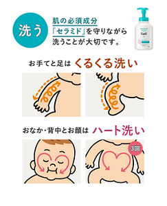 洗う 肌の必須成分「セラミド」を守りながら洗うことが大切です。 お手てと足は くるくる洗い おなか・背中とお顔は ハート洗い