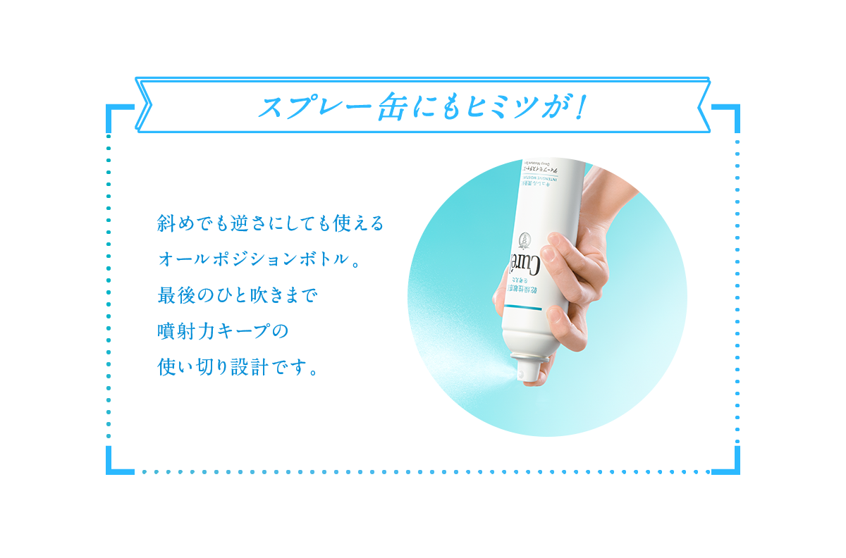 スプレー缶にもヒミツが! 斜めでも逆さにしても使えるオールポジションボトル。最後のひと吹きまで噴射力キープの使い切り設計です。