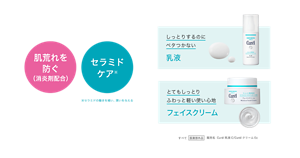 肌荒れを 防ぐ （消炎剤配合） セラミド ケア※  ※セラミドの働きを補い、潤いを与える しっとりするのに ベタつかない乳液 とてもしっとり ふわっと軽い使い心地フェイスクリーム 