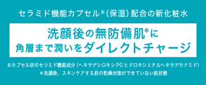 セラミド機能カプセル※（保湿） 配合の新化粧水 洗顔後の無防備肌＊に 角層まで潤いを ダイレクトチャージ ※カプセル状のセラミド機能成分 （ヘキサデシロキシPGヒドロキシエチルヘキサデカナミド） ＊洗顔後、スキンケアする前の乾燥対策ができていない肌状態