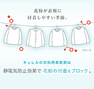 花粉が衣類に付着しやすい季節。キュレルの衣料用柔軟剤は静電気防止効果で花粉の付着をブロック。