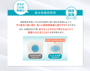  さらに こんな   特徴も！ 吸水性維持技術 特許 取得 柔軟剤を併用しても水分を素早く吸い取れる技術によって、 汗を素早く吸い取り、肌との長時間接触を避けやすくなります。 また、お風呂あがり等、肌をそっとタオルで押さえるだけで 摩擦を与えることなく水気を取れます。