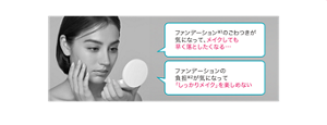 ファンデーション※1のごわつきが 気になって、メイクしても 早く落としたくなる… ファンデーションの 負担※2が気になって 「しっかりメイク」を楽しめない