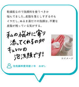 乾燥肌なので洗顔料を使うべきか 悩んでました。皮脂を落としすぎるのも イヤだし、ぬるま湯だけの洗顔は、不要な 皮脂が残っている気がする。　私の悩みに寄り添ってくれるのがキュレルの泡洗顔です！　泡洗顔料愛用歴2年　おぽし
