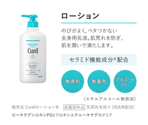ローション　のびがよく、ベタつかない全身用乳液。 肌荒れを防ぎ、肌を潤いで満たします。 セラミド機能成分配合の無香料・無着色・アルコールフリー