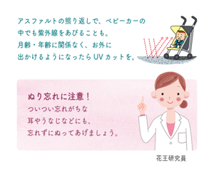 アスファルトの照り返しで、ベビーカーの中でも紫外線をあびることも。 月齢・年齢に関係なく、お外に出かけるようになったらUVカットを。 ぬり忘れに注意！ ついつい忘れがちな耳やうなじなどにも、忘れずにぬって あげましょう。