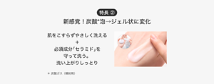 特長 ② 新感覚！炭酸*泡→ジェル状に変化 肌をこすらずやさしく洗える ＋ 必須成分「セラミド」を守って洗う。 洗い上がりしっとり＊ 炭酸ガス（噴射剤）