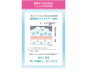 美容のプロが注目！キュレルの独自技術 「潤いブースト泡」を生み出す独自開発〈高吸着セラミドケア※１技術〉 乾燥してキメの乱れた肌の奥(角層)まで素早く浸透 潤いを補給し、めぐらせる
