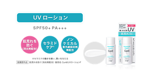 UVローション SPF50+ PA+++ 肌荒れを防ぐ（消炎剤配合） セラミドケア ノン ケミカル 紫外線吸収剤 無配合 ※セラミドの働きを補い、潤いを与える 医薬部外品 肌荒れを防ぐ（消炎剤配合） 販売名 Curél ＵＶローションF