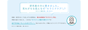 研究員の方に聞きました。 荒れがちな肌になぜ「セラミドケア※」？ ※セラミドの働きを補い、潤いを与える 乾燥・肌荒れをくり返しがちな要因は、肌の必須成分「セラミド」不足。 季節の変わり目にも、こまめに「セラミド」の働きを補うケアを！ おすすめは、キュレルのスプレー。気になるたびに、手軽にセラミドケア※できます。 ※セラミドの働きを補い、潤いを与える 