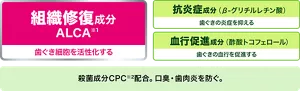 組織修復成分 ALCA(※1)：歯ぐき細胞を活性化する／抗炎症成分（β-グリチルレチン酸）：歯ぐきの炎症を抑える／血行促進成分（酢酸トコフェロール）：歯ぐきの血行を促進する／殺菌成分 CPC(※2)配合。口臭・歯肉炎を防ぐ。