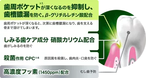 歯周ポケット(※1)が深くなるのを抑制し、歯槽膿漏を防ぐ。β-グリチルレチン酸配合。歯周ポケットが深くなると、次第に歯槽膿漏になり、歯を支える骨まで溶けてしまいます。／しみる歯ケア成分 硝酸カリウム配合。歯がしみるのを防ぐ／殺菌作用 CPC(※4)。原因菌を殺菌し、歯肉炎・口臭を防ぐ／高濃度フッ素（1450ppm）配合。むし歯予防