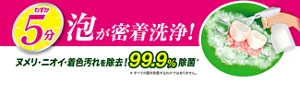わずか5分 泡が密着洗浄！ ヌメリ・ニオイ・着色汚れを除去！ 99.9%除菌（＊すべての菌を除菌するわけではありません。）