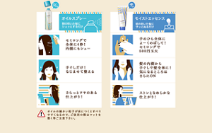 オイルスプレー 朝の乾いた髪にシュッとするだけ セミロングで全体に4秒！内側にもシュー 手ぐしだけ！なじませて整える さらっとツヤのある仕上がり！ オイルの細かい粒子が床につくとすべりやすくなるので、ご使用の際はマットを敷く等ご注意下さい。 モイストエッセンス 朝の乾いた髪にサッとぬるだけ 手のひら全体によーくのばして！セミロングで500円玉大 髪の内側から手ぐしで髪全体に！気になるところはさらにON ストンとなめらかな仕上がり！