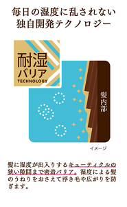 毎日の湿度に乱されない独自開発テクノロジー 髪に湿度が出入りするキューティクルの狭い隙間まで密着バリア。湿度による髪のうねりをおさえて浮き毛や広がりを防ぎます。