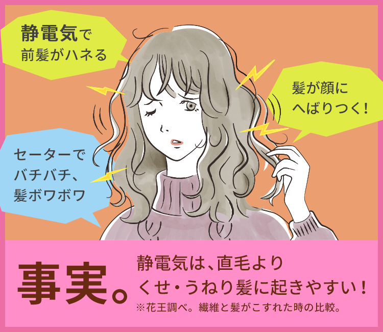 事実 静電気は 直毛よりくせ うねり髪に起きやすい エッセンシャル Flat 花王株式会社