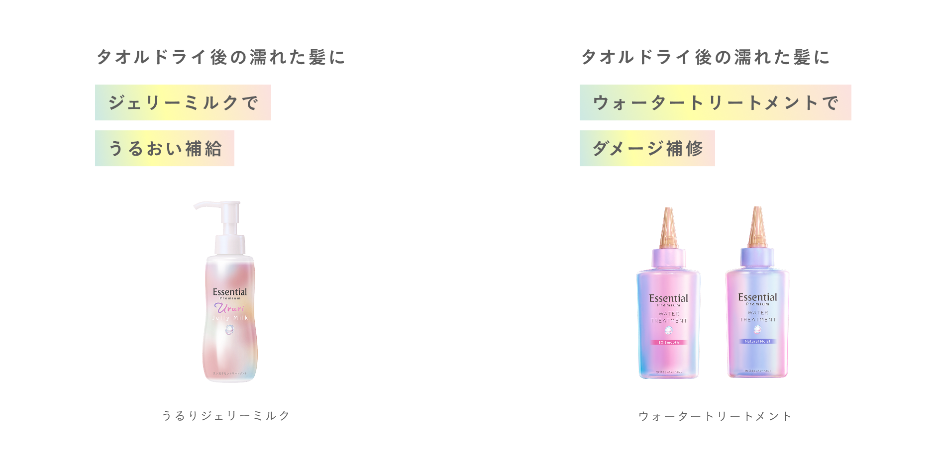 タオルドライ後の濡れた髪にジェリーミルクでうるおい補給 or タオルドライ後の濡れた髪にウォータートリートメントでダメージ補修