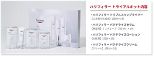 ハリフィラート トライアルキット内容。・ハリフィラー トリプルスキンプライマー、【ふき取り化粧水】1回分×2包。・ハリフィラー バクチライズセラム、【美容液】ミニチューブ（7日分）×1本。・ハリフィラー バクチライズローション、【化粧液】1回分×2包。・ハリフィラー バクチライズクリーム、 【クリーム】1回分×2包。