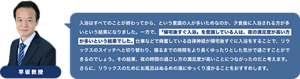 早坂教授コメント　入浴はすべてのことが終わってから、という意識の人が多いためなのか、夕食後に入浴される方が多いという結果になりました。一方で、「帰宅後すぐ入浴」を意識している人は、夜の満足度が高い方が多いという結果でした。仕事などで興奮している自律神経が帰宅後すぐに入浴をすることで、リラックスのスイッチへと切り替わり、寝るまでの時間をより長くゆったりとした気分で過ごすことができるのでしょう。その結果、夜の時間の過ごし方の満足度が高いことにつながったのだと考えます。さらに、リラックスのためにお風呂はぬるめの湯にゆっくり入る浸かることをおすすめします。