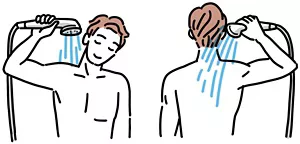 首から背中をシャワーでじっくり温めている男性のイラストイメージ