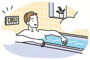 38度のお湯に気持ちよさそうに浸かっている男性のイラストイメージ