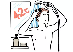 42℃のシャワーを気持ちよさそうに浴びている男性のイラストイメージ