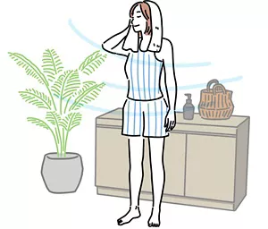 クールダウンして通気性の高い服に着替えている女性のイラストイメージ