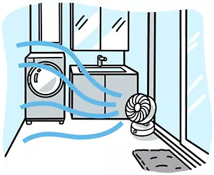 サーキュレーターで脱衣所の環境を調整しているイラストイメージ