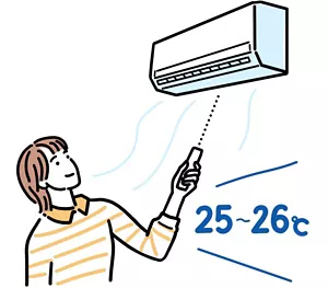 エアコンで部屋の温度を25～26℃に調整している女性のイラストイメージ