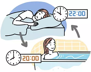 20時に入浴して22時に就寝する女性のイラストイメージ