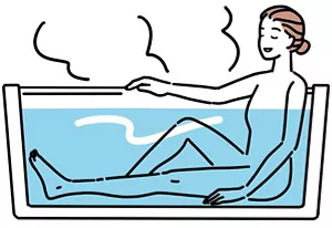 湯船に肩まで浸かって全身浴をしている女性のイラストイメージ