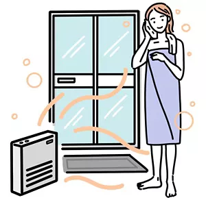 暖房で温めた脱衣所で体を拭いている女性のイラストイメージ